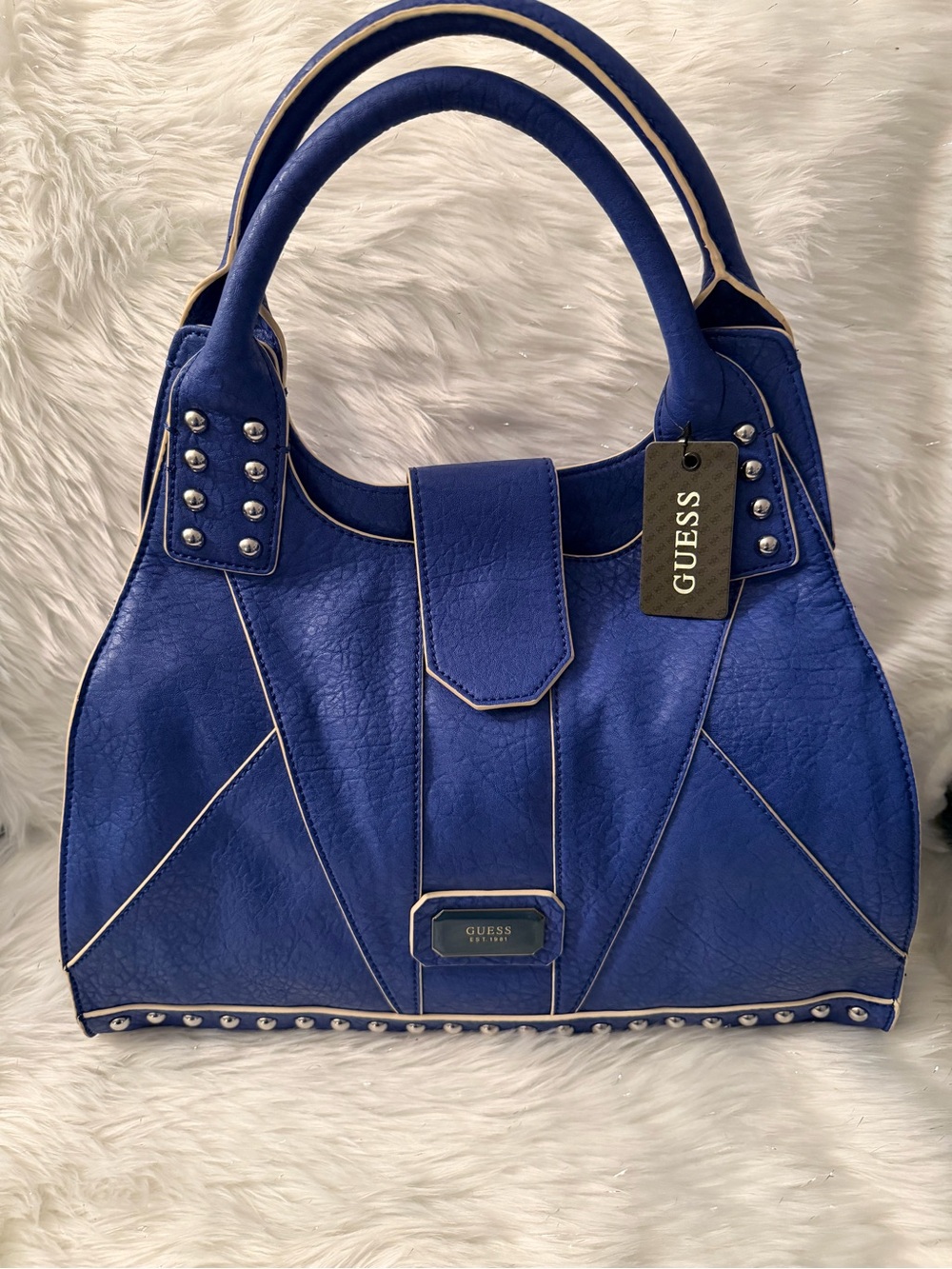 GUESS Blue Stud-Trim Shoulder Satchel